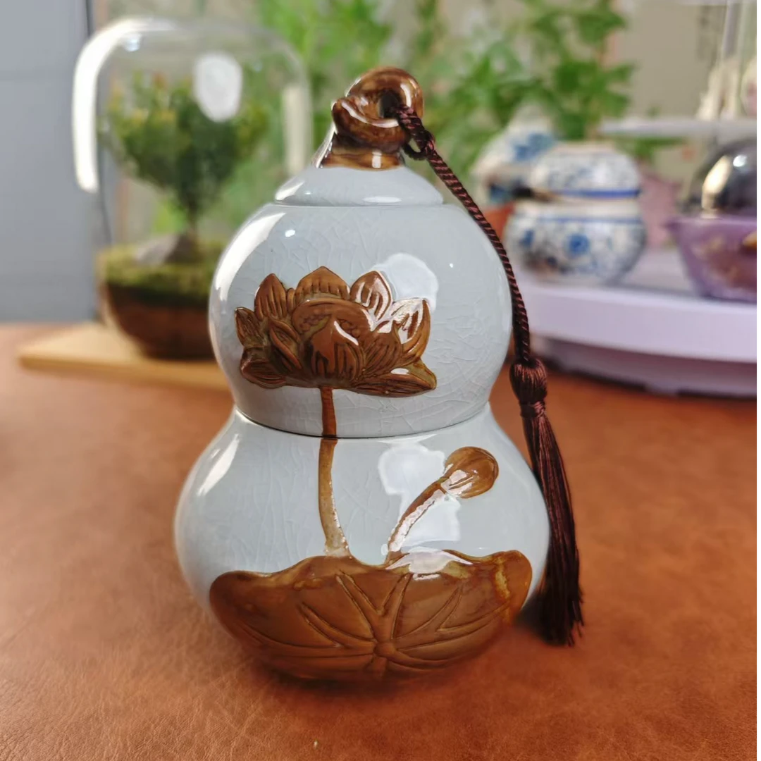 C092-哥窑葫芦莲花茶叶罐（天青色）大号双层复古