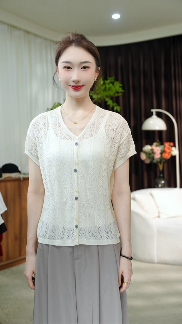 【秋罗兰】夏季半袖镂空花纹薄款显瘦气质时尚百搭修身针织外套