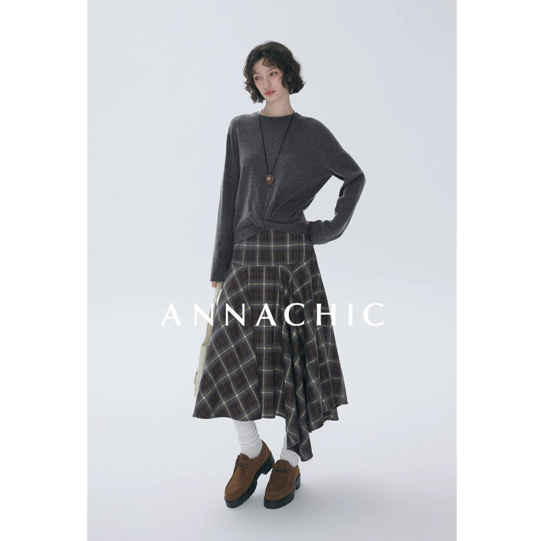 ANNACHIC复古时髦_格纹不规则半身裙_宽松遮肉a字中长款格子半裙