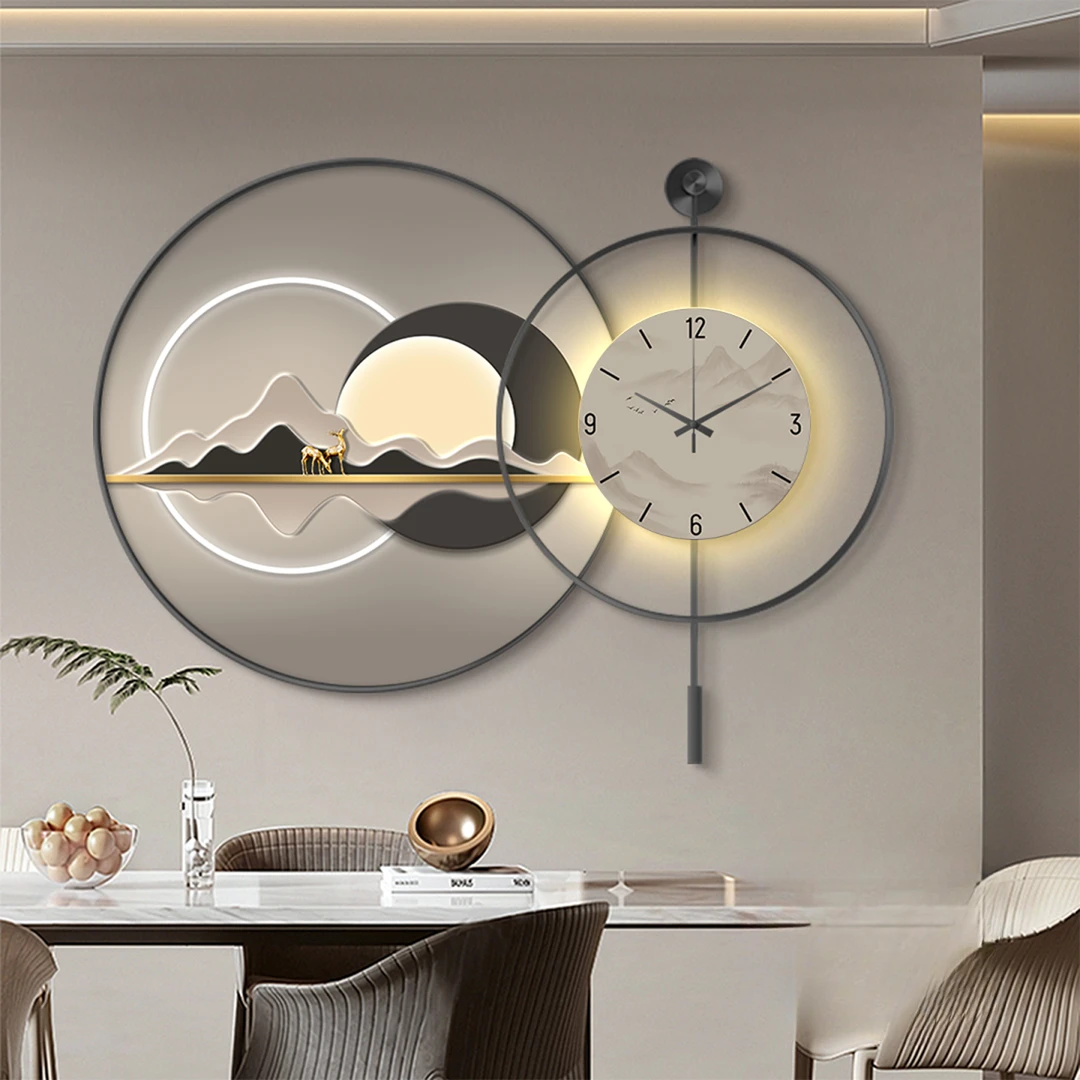 日照金山餐厅装饰画高级感餐桌背景墙钟表挂画轻奢客厅时钟挂墙