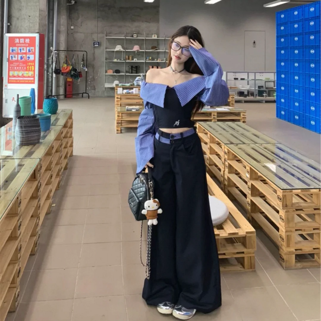 很有韩国女人感觉的一字肩上衣裤子套装~