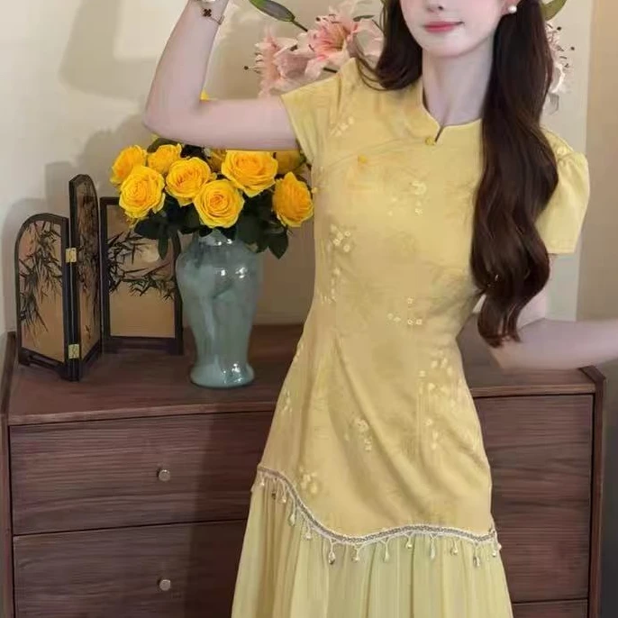 586-3#新中式国风旗袍连衣裙温柔风高级感超修身包臀长裙2025新