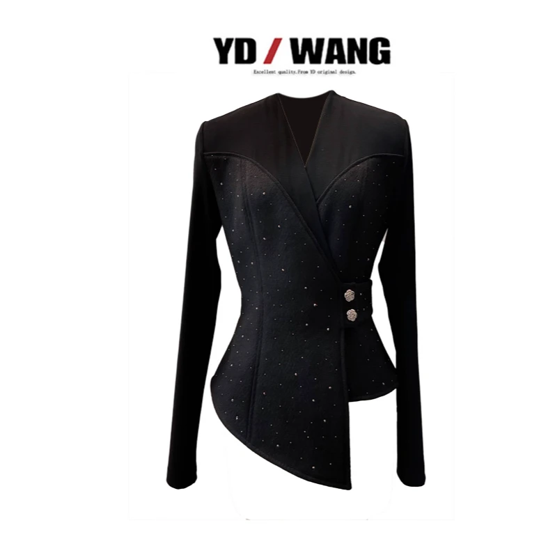 【YD精选】不规则腰封拼接上衣   设计款时尚休闲小众款长袖黑色