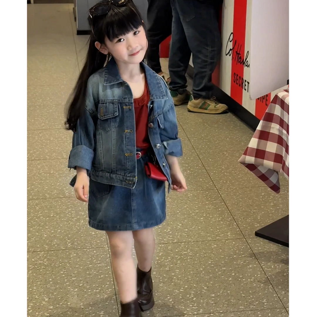 女童牛仔套装2025秋季新款韩版女宝宝洋气牛仔外套半身裙两件套