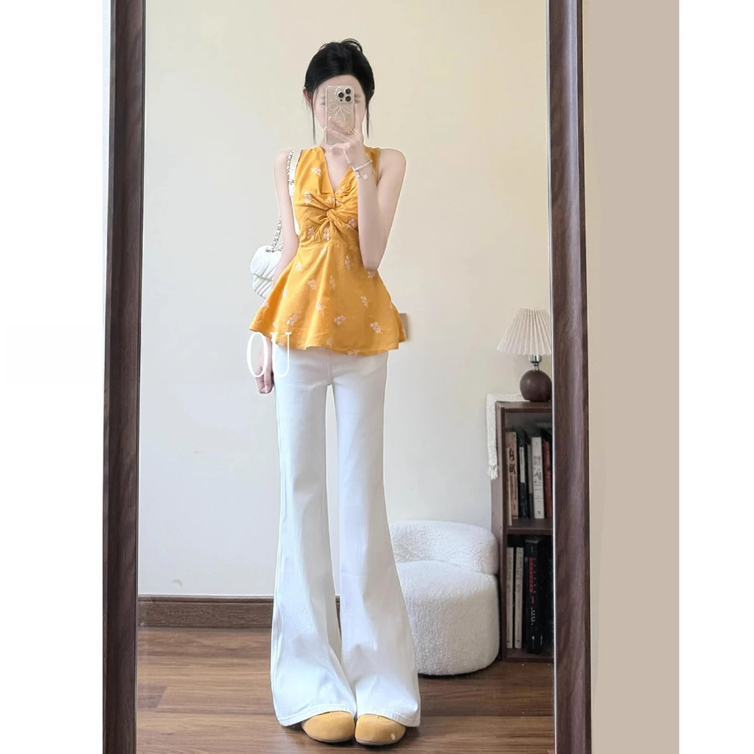 高个子加长白色微喇牛仔裤女夏季新款低腰辣妹拖地显瘦马蹄喇叭裤