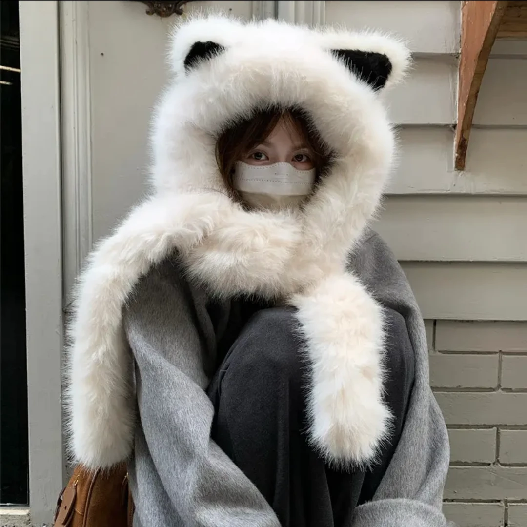 2024新款毛绒绒狐狸耳朵帽围巾一体女秋冬保暖显脸小学生雷锋帽