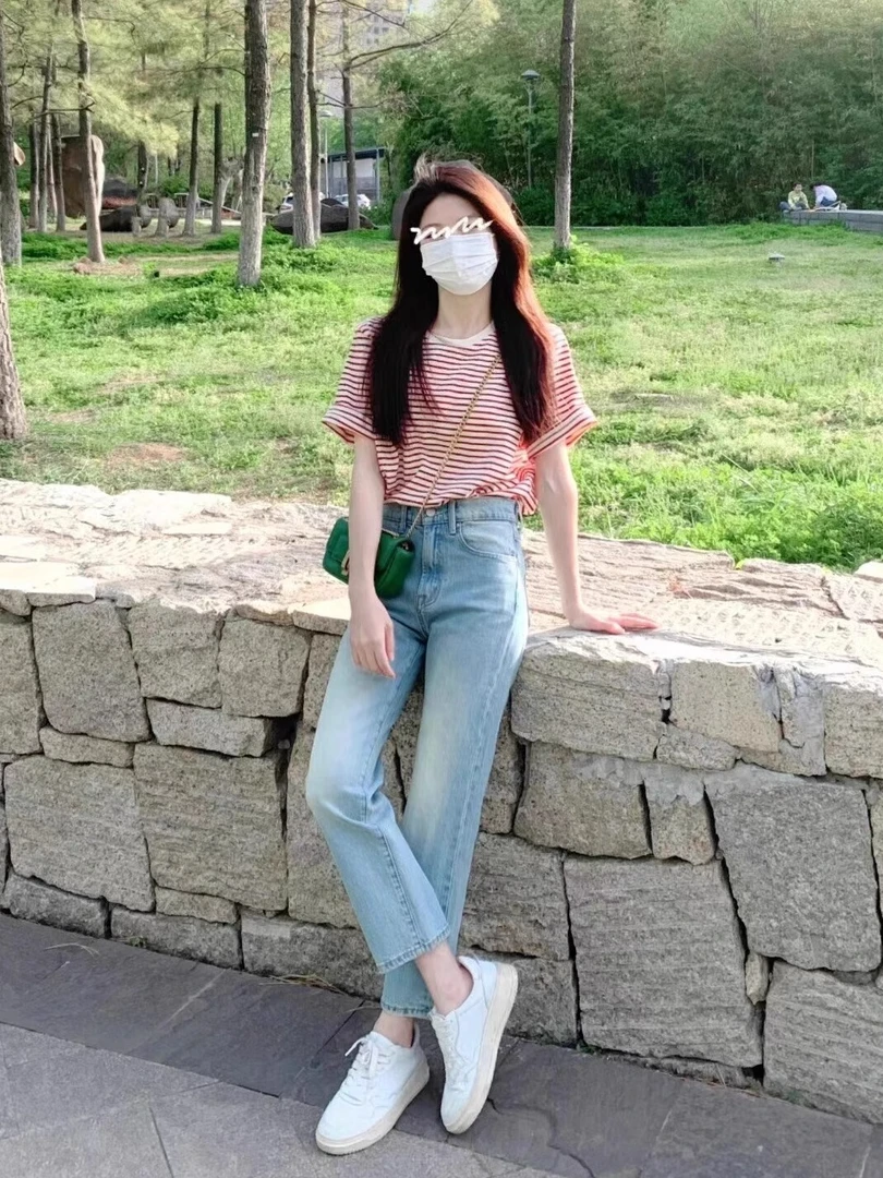 夏装搭配一整套时尚冷淡风盐系穿搭高级感条纹短袖上衣牛仔裤套装