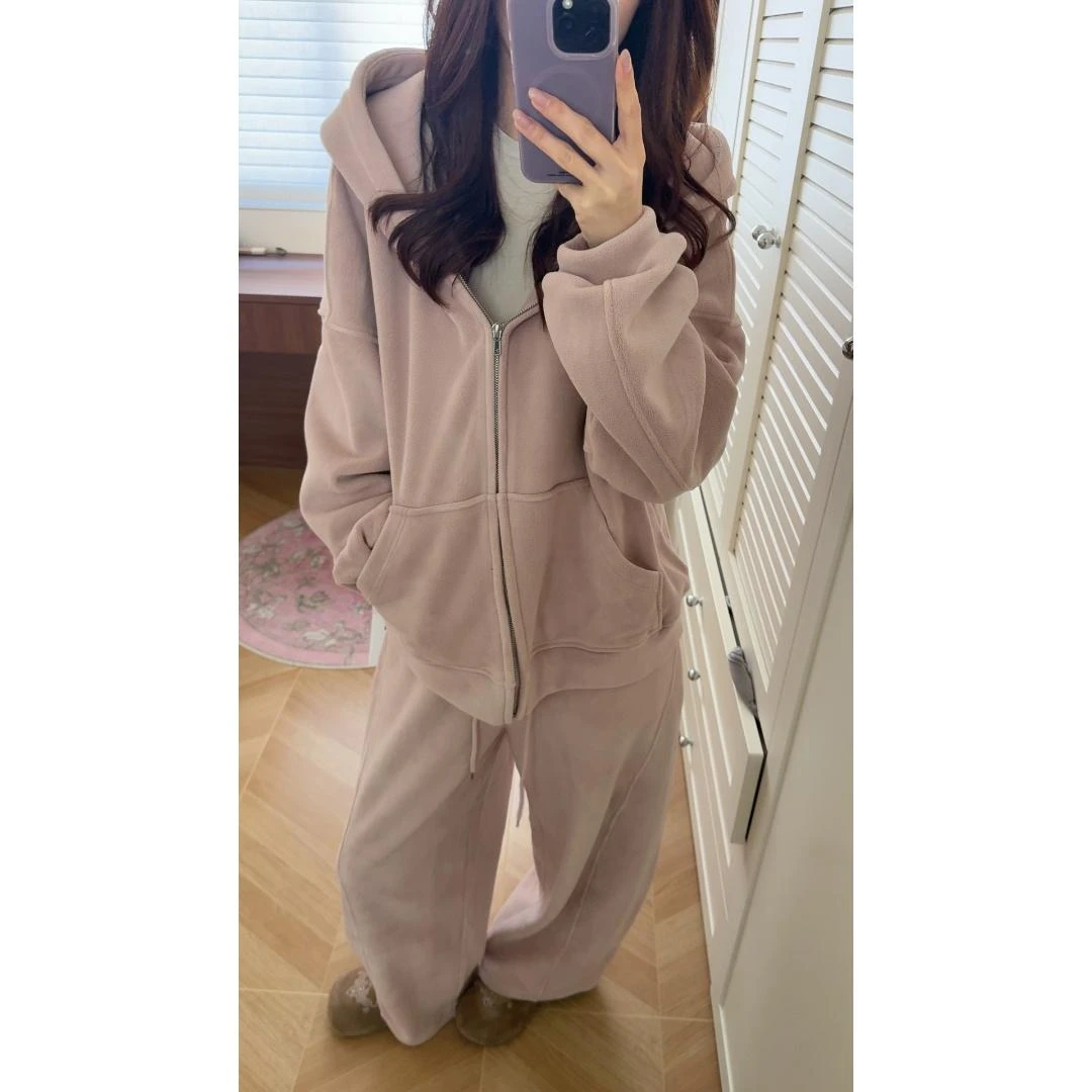 【3色可入】双面绒高克重加厚连帽卫衣外套+阔腿裤两件套装女冬季