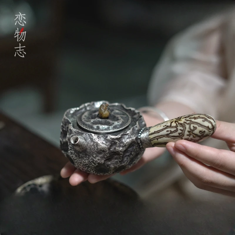足银999纯手工一张打中式菩提侧把壶家用泡茶壶功夫茶具茶器 菩提