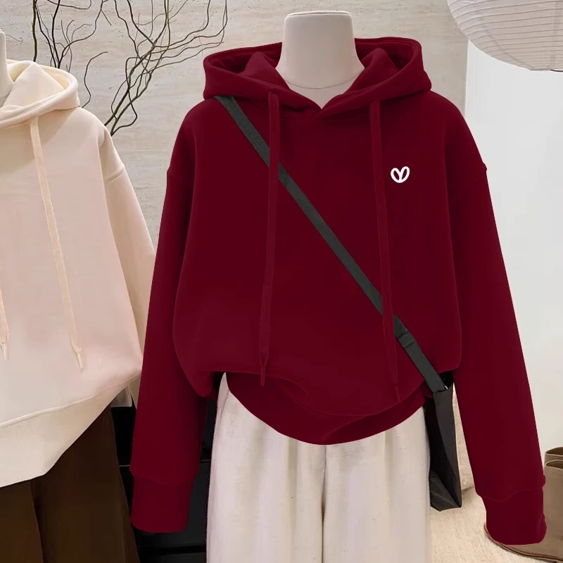 设计感小众秋冬新款2025加绒加厚套头连帽红色卫衣女短款宽松韩版