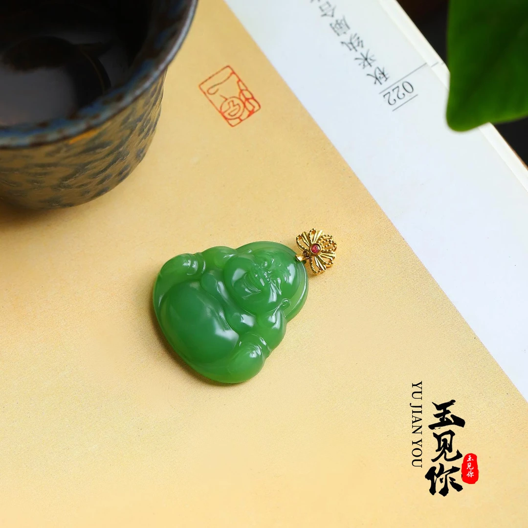空翠-沁 和田玉碧玉*佛公吊坠*18K金镶嵌