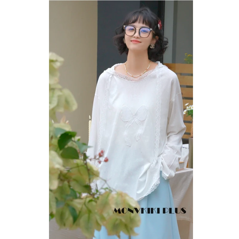 MoNvKiKiPlus5【白月】70%棉白色蕾丝重工刺绣长袖T恤瘦设计师#E15