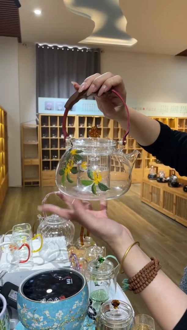 手工艺品玻璃金狮通运壶红把桂花蒸煮