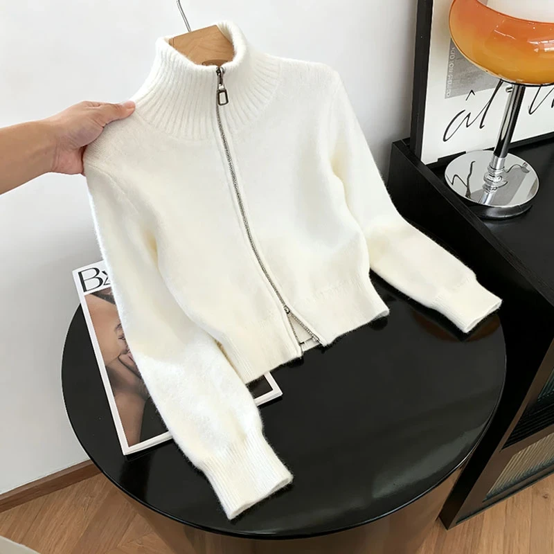 2025新款秋季穿搭立领长袖针织衫女款慵懒风时尚拉链开衫上衣外套