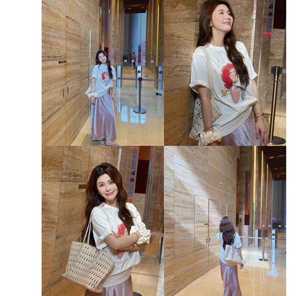 YPP！【美人鱼】韩版简约短袖T恤女宽松搭配气质粉色缎面裙套装