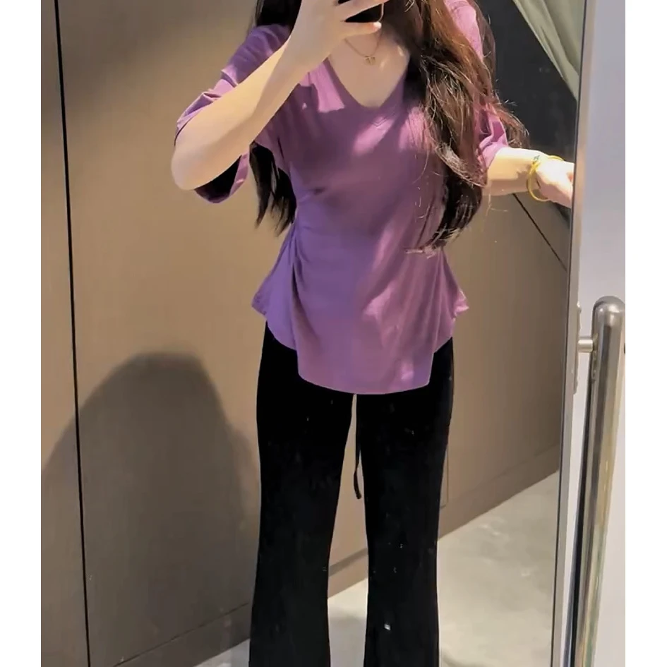 纯欲风v领短袖t恤女夏季修身收腰设计感辣妹显瘦半袖百搭上衣
