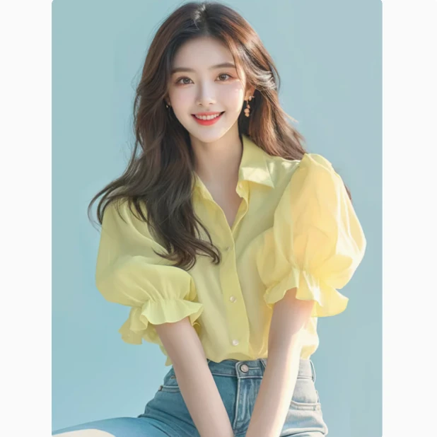 黄亦玫同款独特漂亮小衫高端别致法式高级感黄色泡泡袖衬衫女夏季