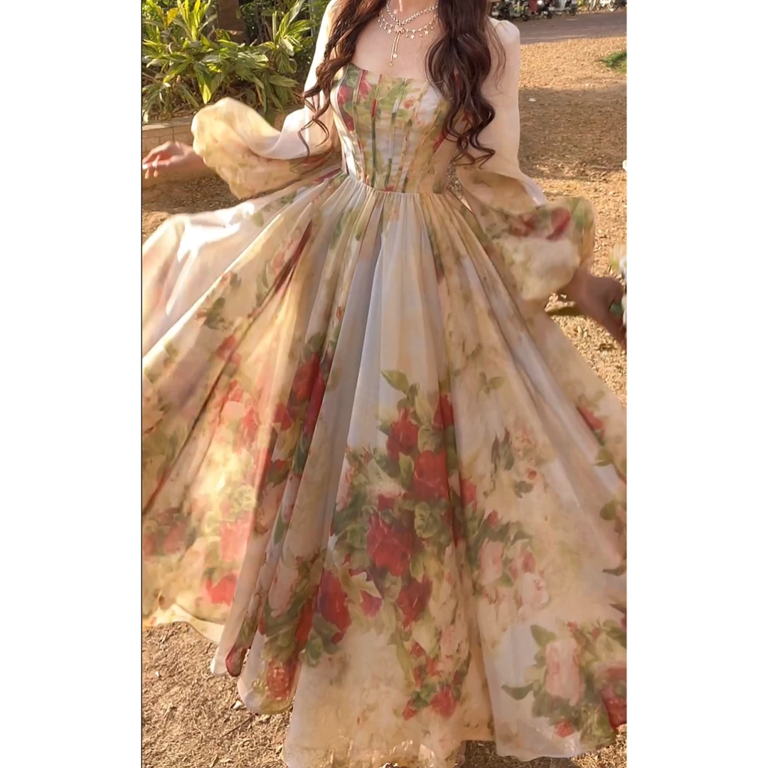 古堡花园-法式复古印花油画大摆显瘦收腰连衣裙