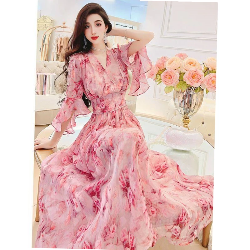 万人迷甜美气质碎花靓丽连衣裙2025年夏季新款女修身显瘦大摆裙女