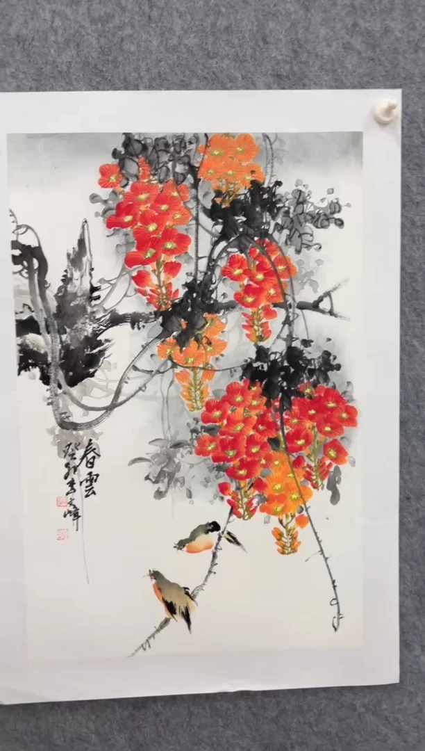 国画李文峰四尺三开花鸟
