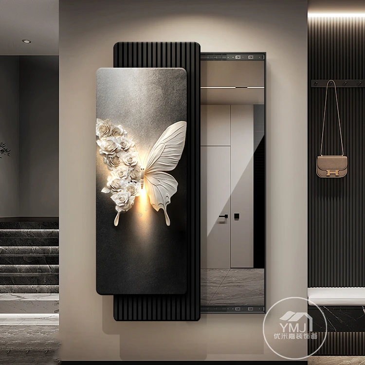 轻奢蝴蝶玄关镜子装饰画入户推拉穿衣镜暗藏式全身镜隐藏装饰挂画