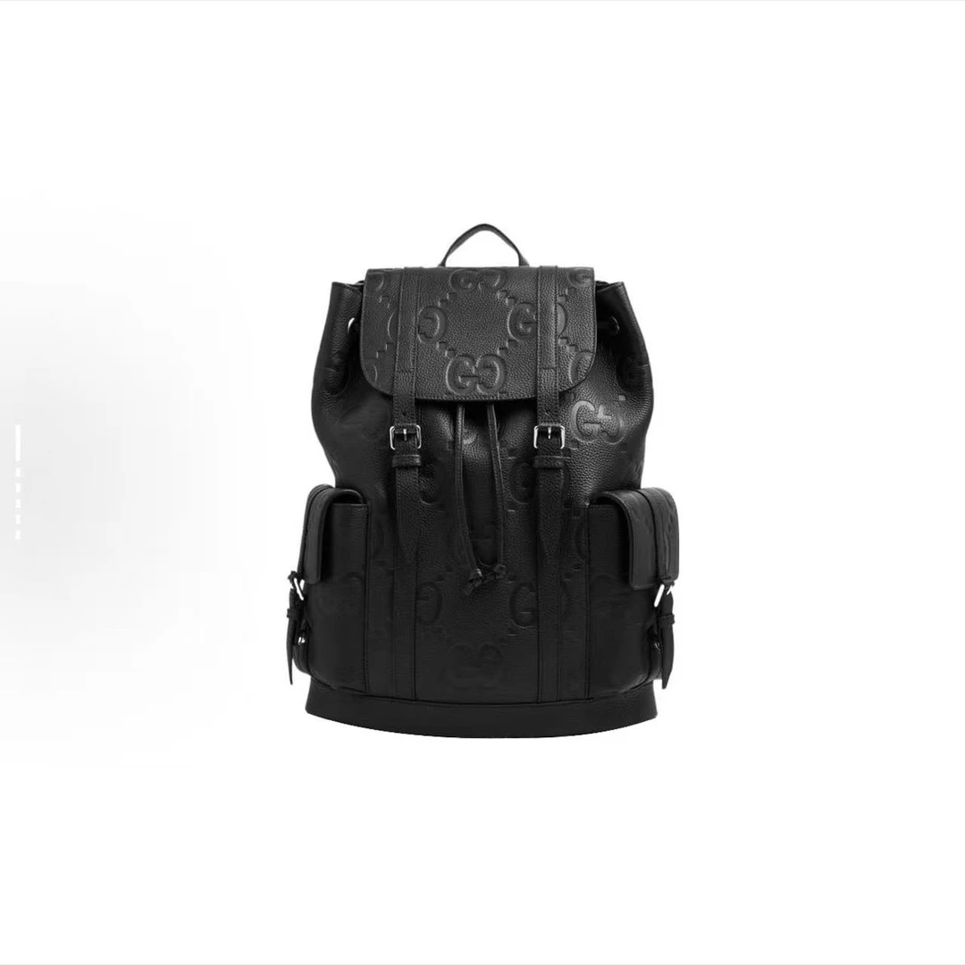99新 GUCCI/古驰 Jumbo全皮黑老花Logo压纹背包双肩包