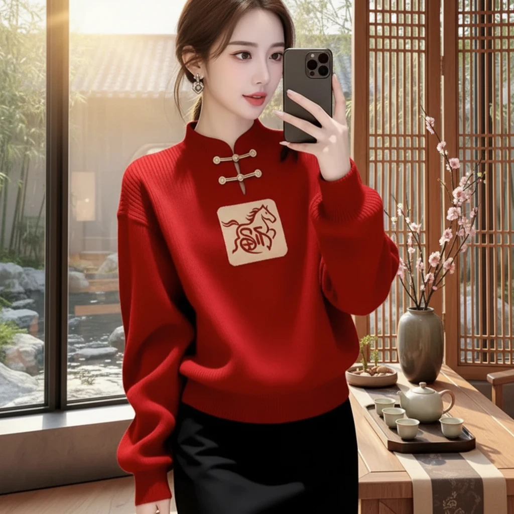 新年红色立领新中式高级感超好看针织毛衣女秋冬新款宽松百搭上衣