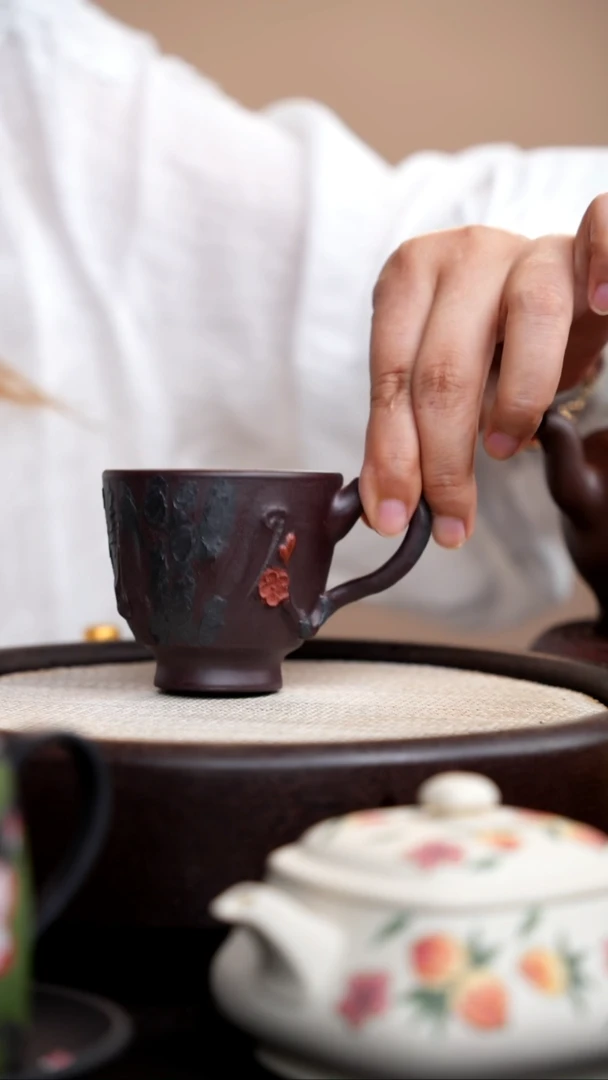 茶壶紫砂紫泥松皮手把杯