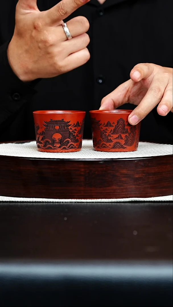 茶杯紫砂宜兴紫砂 主人杯 刻鲤鱼跃龙门 一对