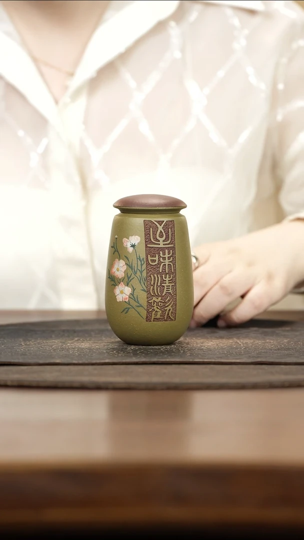 紫砂茶叶罐小罐豆青泥泥绘海棠花刻至味清欢
