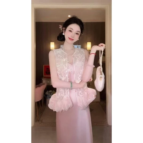 新中式国风改良版粉色亮闪马甲上衣洋气叠穿吊带连衣裙子新款女装