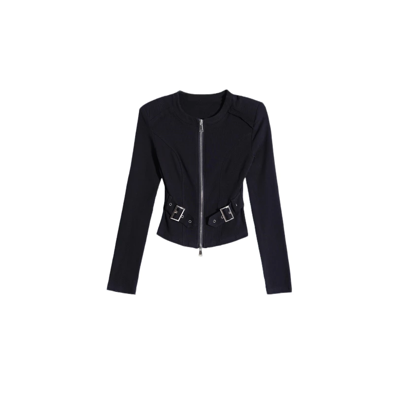 EDX原创设计秋季新品拉链绑带上衣女显瘦修身绑带酷飒长袖80701