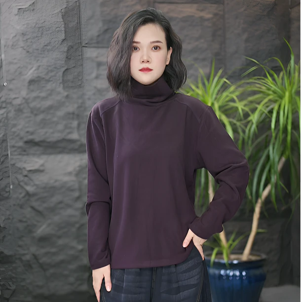 百搭韩版长袖宽松型休闲女士打底衫高领立体装饰T恤