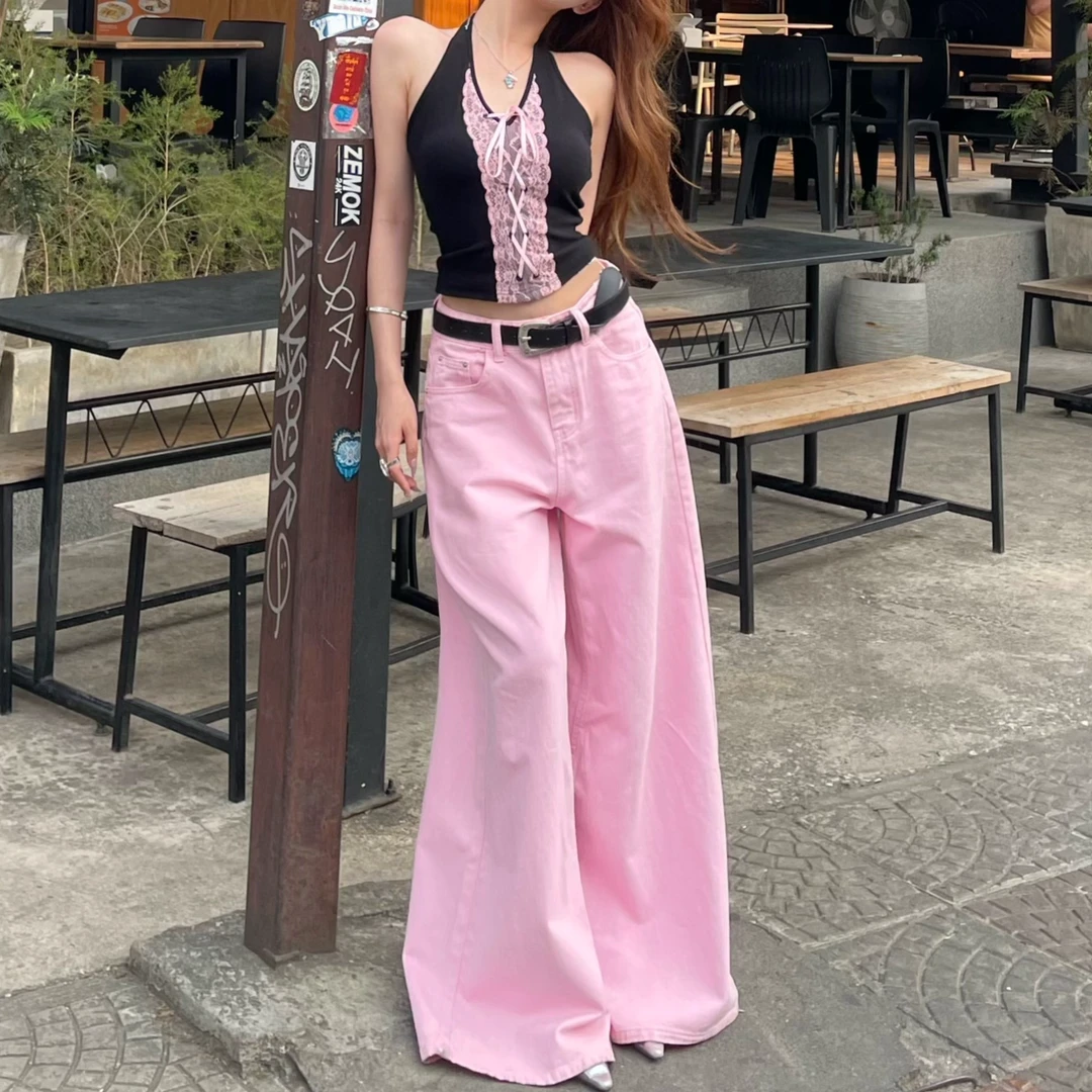 LI婉君【梦幻粉沙滩】春夏新款简约宽松阔腿牛仔裤LWJ25A1K702