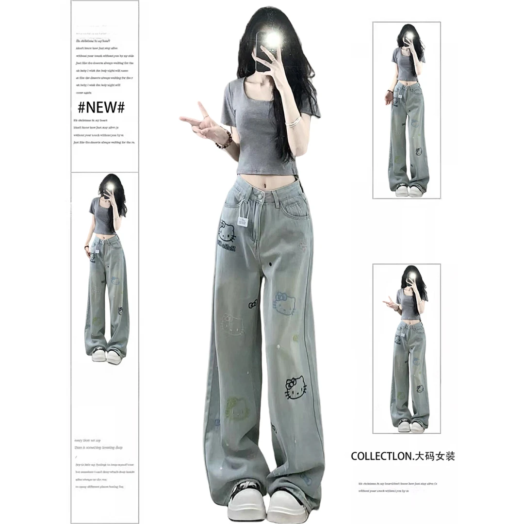 300斤特大码女装kt猫刺绣浅蓝色阔腿牛仔裤女胖mm高街vibe直筒裤