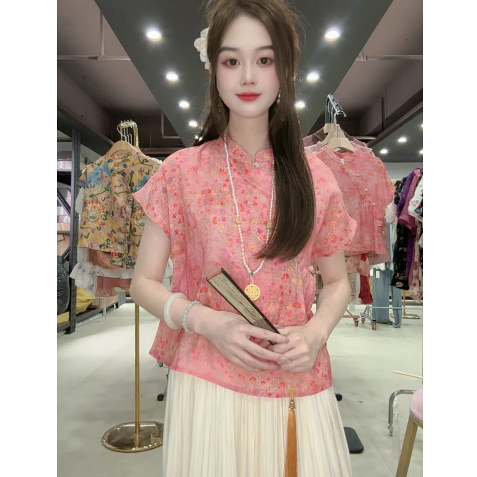 新中式国风小衫女夏季2025新款盘扣立领衬衫小飞袖上衣9008