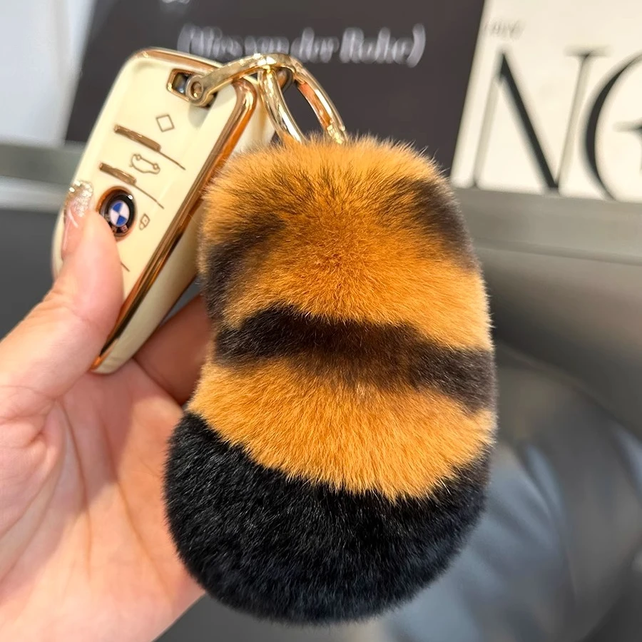 真獭兔毛可爱老虎尾巴汽车钥匙扣挂件ins毛绒情侣礼物书包包挂饰