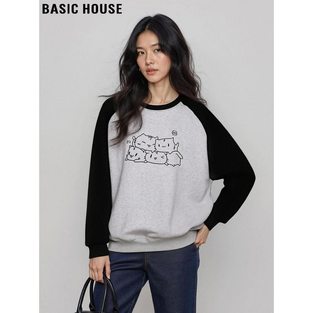 Basic House/百家好慵懒风撞色圆领插肩袖卫衣女2026秋冬套头上衣