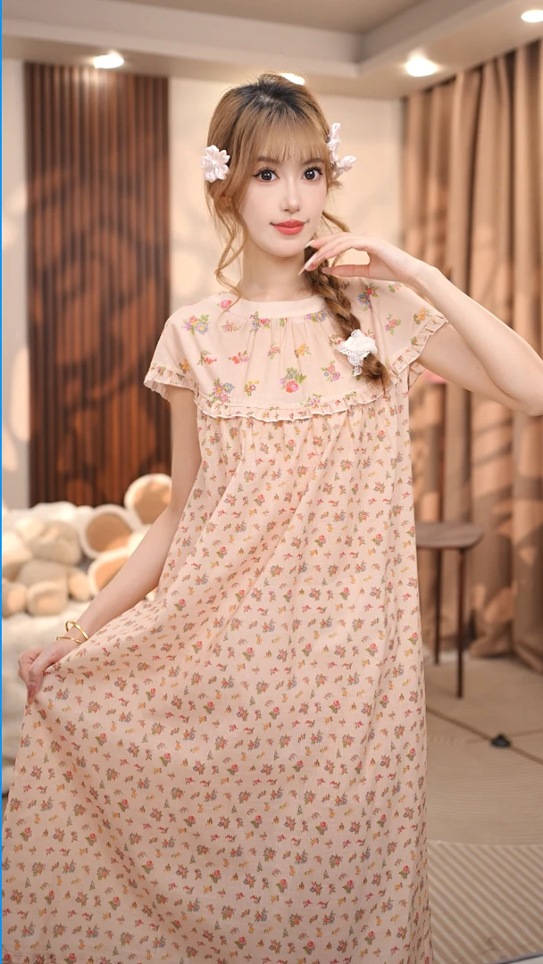 【以夏】夏季短袖款韩版碎花纯棉宽松小众家居服睡裙