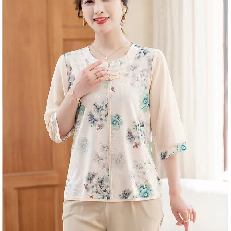 2025夏季新款中老年妈妈国风女装短袖上衣洋气简约百搭T恤小衫