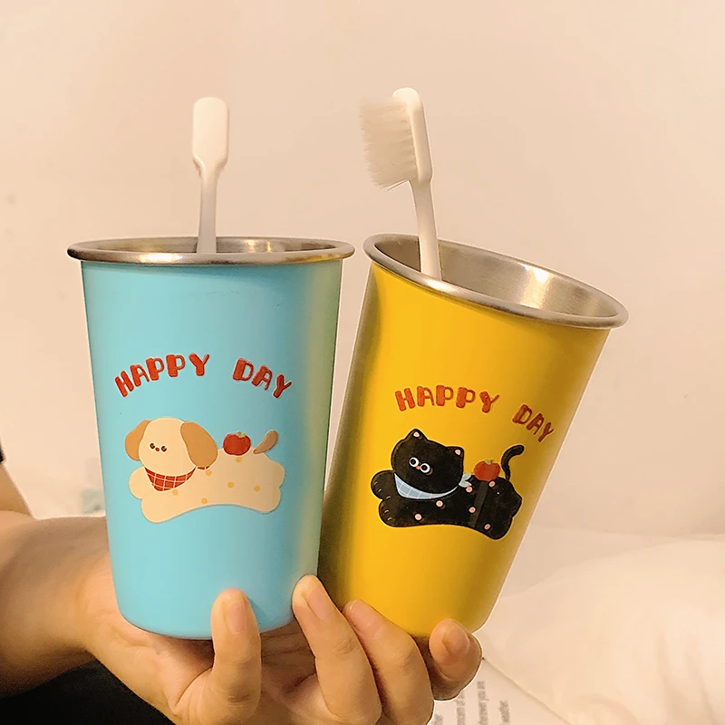 可爱跳跃小猫漱口杯家用牙刷杯洗漱杯情侣学生旅行不锈钢牙具牙杯