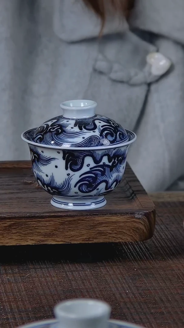 【闪购商品】折葵非器手工手绘海水纹盖碗