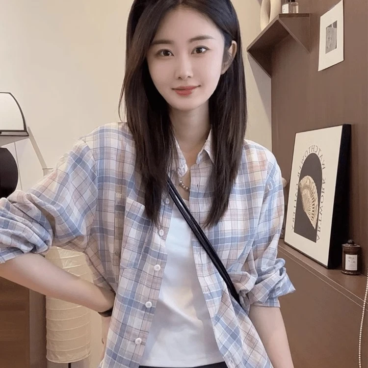 格子薄款长袖衬衫女夏款2025新款休闲设计感小众防晒开衫外套上衣