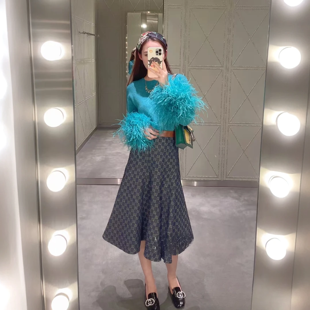 99新 GUCCI/古驰 X12129 古驰 蓝色logo提花满印棉质半身裙 38码