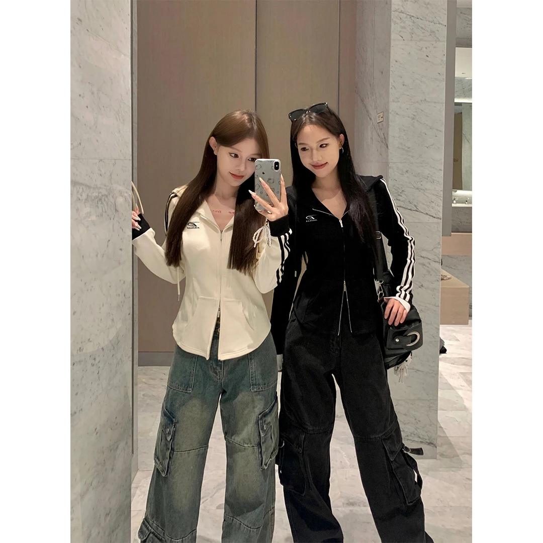 春秋季新款美式复古连帽开衫女韩系简约百搭刺绣薄款短外套休闲