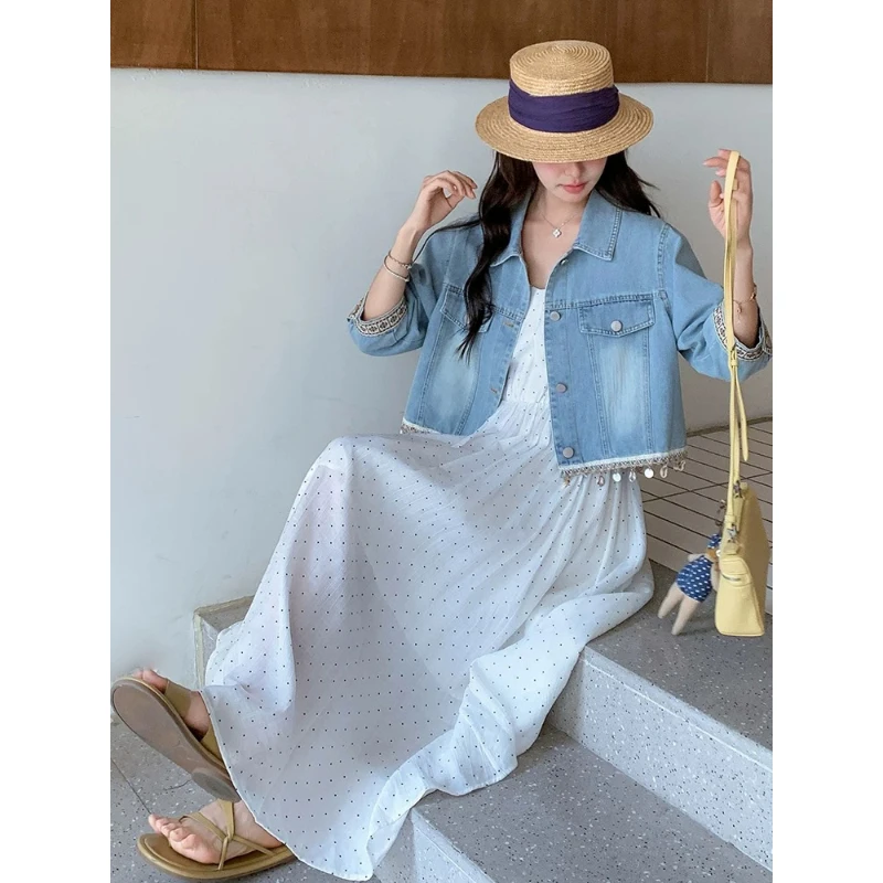 Y10811-韩版时尚短款外套碎花波点吊带连衣裙两件套女显瘦套装女