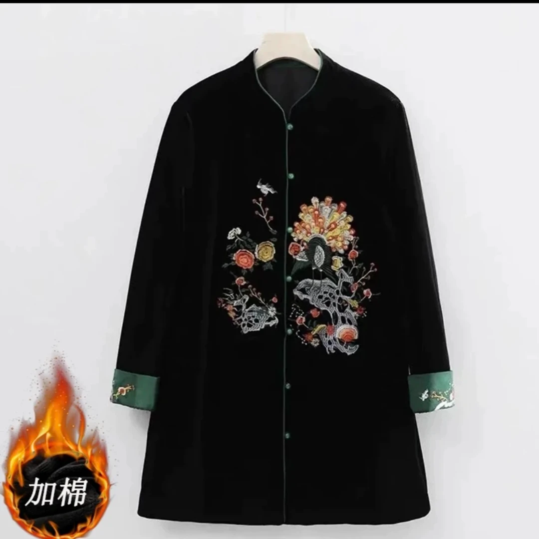 新中式中长款孔雀棉服中国风民族风