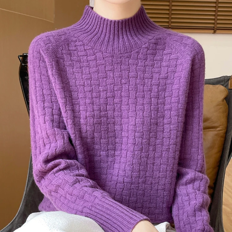 100%纯羊毛一线成衣加厚席编纯色半高领休闲百搭针织上衣-WQ-703