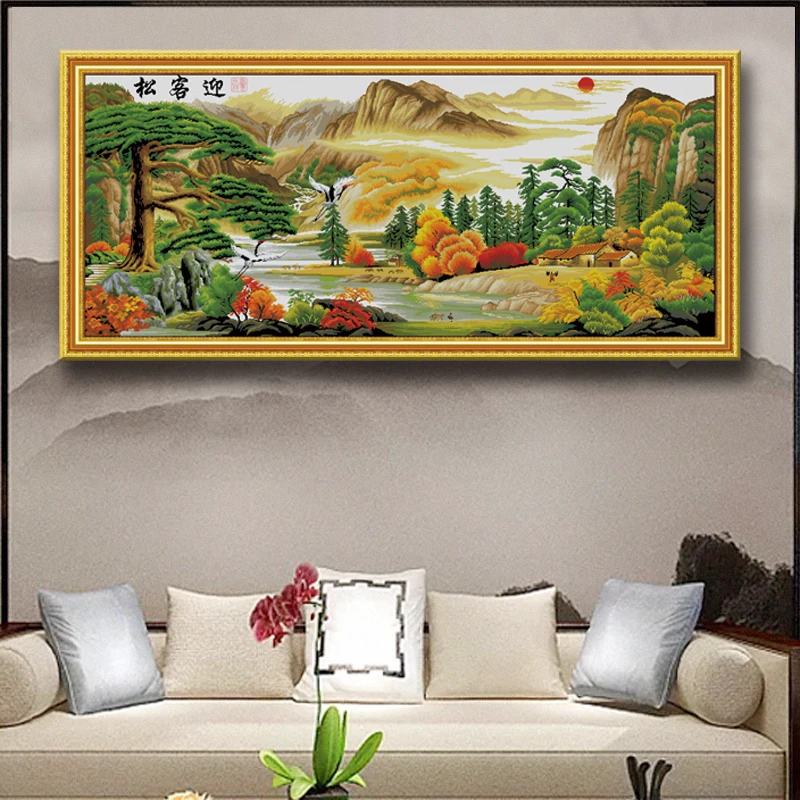 2025新款满绣线绣客厅迎客松山水风景客厅书房中式手工十字绣