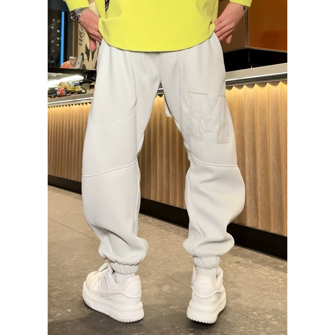 【语乐】YL-9563冬季加绒加厚休闲裤拼接字母运动束脚裤微阔腿卫裤